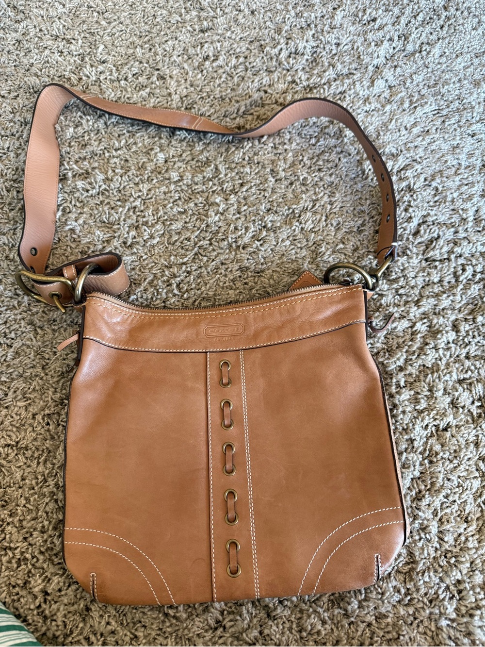 Coach Cognac Leather Shoulder Bag with Brass Hardware